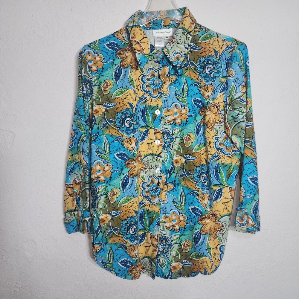 Coldwater Creek Button Down Shirt Medium Blue Yellow Floral Batik Linen Blend